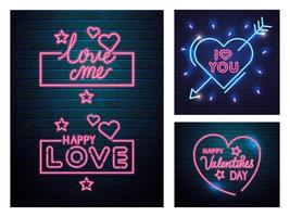 conjunto de letras de luz de neón para el día de san valentín vector