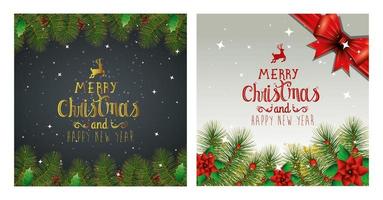 set poster of merry christmas and happy new year with decoration vector