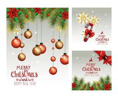 set poster of merry christmas and happy new year with decoration vector