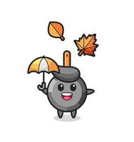 cartoon of the cute frying pan holding an umbrella in autumn vector