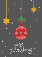 cartel de feliz navidad con bola y estrellas colgando vector