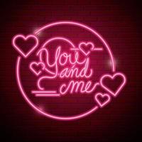you and me lettering of neon light vector