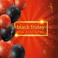 black friday poster and fifty discount with balloons helium decoration vector