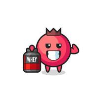 the muscular cranberry character is holding a protein supplement vector