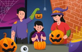 familia feliz preparando fiesta de halloween vector