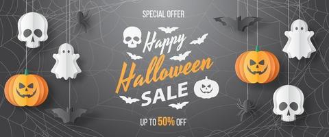 banner de venta de feliz halloween. estilo de corte de papel. ilusión vectorial vector