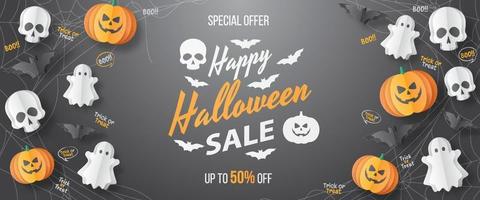 banner de venta de feliz halloween. estilo de corte de papel. ilusión vectorial vector