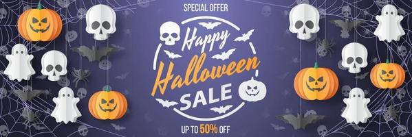 Happy Halloween Sale Banner. Paper cut style. Vector illusration