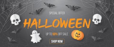 Happy Halloween Sale Banner. Paper cut style. Vector illusration