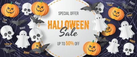 banner de venta de feliz halloween. estilo de corte de papel. ilusión vectorial vector