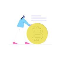 mujer con ilustración plana gigante bitcoin vector