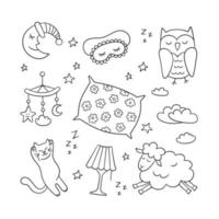 dormir en estilo doodle. buenas noches símbolos luna, lámpara, gato, almohada vector