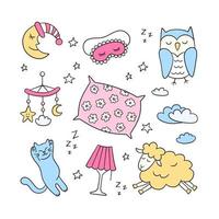 dormir en estilo doodle. buenas noches símbolos luna, lámpara, gato, almohada vector