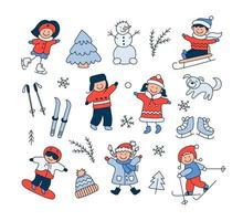 Children playing in the snow, sledding, skiing, skating, snowboarding vector