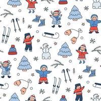 Seamless pattern with children playing in winter. Kids in doodle style vector