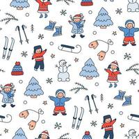 Seamless pattern with children playing in winter. Kids in doodle style vector