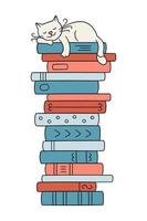 A stack of books with a sleeping cat. Cute kitty sleeping on pile. vector