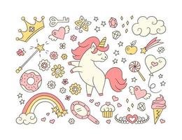 Cute unicorn and set of magic objects. Shooting star, rainbow, tiara vector