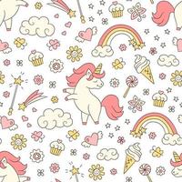 Seamless pattern with unicorn, rainbow, shooting star and magic wand vector