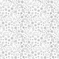 Seamless pattern with unicorn, rainbow, shooting star in doodle style
