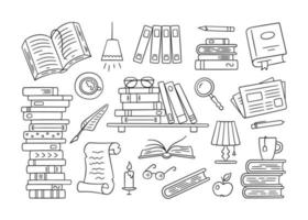 pilas de libros en papel, biblioteca en casa, estantería en estilo doodle vector