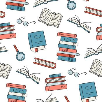 Seamless pattern with paper books. Home library, book stacks vector