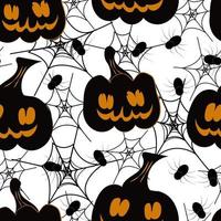 Scary pumpkins with spiders on cobweb seamless pattern, vector