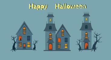 Scary haunted house and broken windows, Halloween horror house set. vector