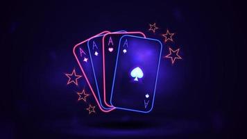 Casino de neón de brillo rosa y azul jugando a las cartas en la oscura escena vacía vector