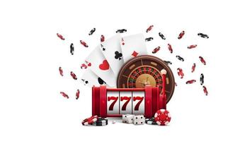 Red slot machine, Casino Roulette wheel, poker chips and playing cards vector