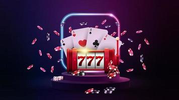 Podium with casino red slot machine, poker chips, playing cards vector