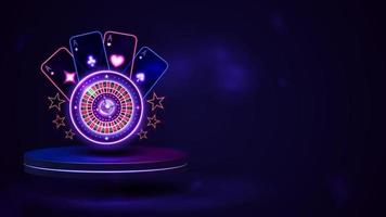 Podium with shine neon Casino Roulette wheel with playing cards vector