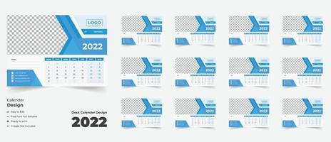 2022 desk calendar with blue layout, Blue desk calendar 2022, vector