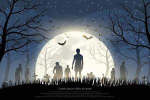 siluetas de zombies asustadizos caminando en el bosque por la noche. vector