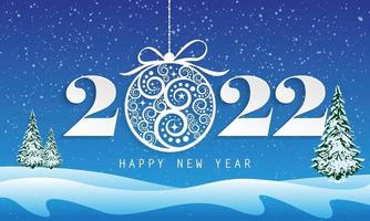 feliz año nuevo 2022 con hermosa bola de navidad en la nieve. vector