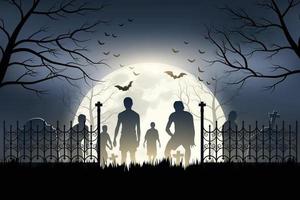 Los zombis de Halloween están saliendo del cementerio en luna llena. vector