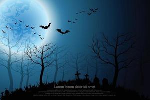 Spooky forest with full moon and grave. vector