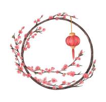 Traditional Chinese Round Frame. Lantern and sakura tree. vector