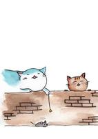 Watercolor painting of Cat sitting on wall and a mouse. vector