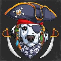 Gracioso perro dálmata con sombrero pirata con dos espadas vector