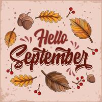 Hand drawn hello September with falling leaves and nuts vector