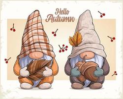Hand drawn cute gnomes in autumn disguise holding nuts and leaf vector