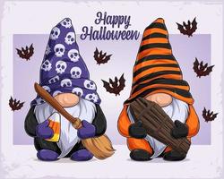 Hand drawn gnomes in Halloween disguise holding witch broom and coffin vector