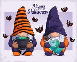 Hand drawn gnomes in Halloween disguise holding cauldron and poison vector