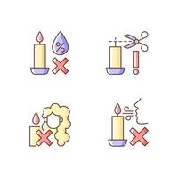 Candle safety warning RGB color manual label icons set vector