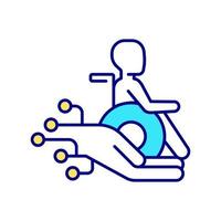 Persona en silla de ruedas y mano de apoyo icono de color rgb vector