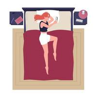 Young woman lying in bed with phone flat RGB color vector illustration