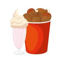 set of chicken food in container with milkshake isolated icon vector