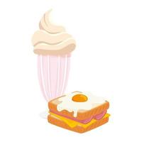 Delicioso sándwich con huevo frito y batido icono aislado vector
