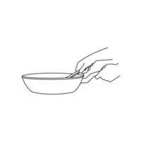 line drawing of hand holding a pan, design vector icon illustration.
